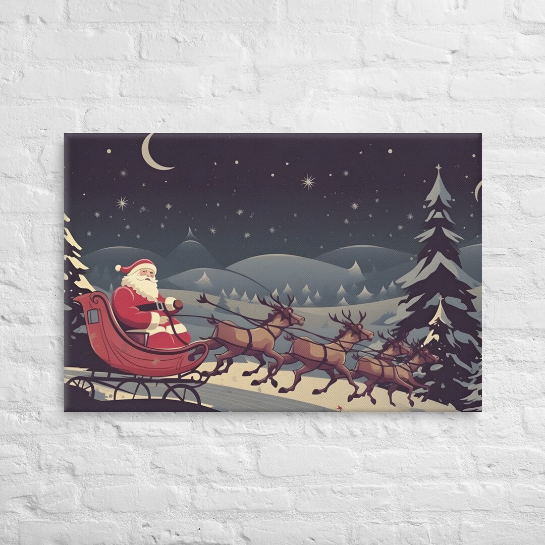 Vintage Santa Sleigh Wall Art Christmas Decor, Ready to Hang, Canvas Etsy