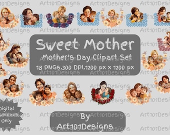 Mother’s Day Clipart PNG Bundle – Sweet Watercolor Mom and Child Graphics for Sublimation, Greeting Cards, T-Shirts & DIY Gifts