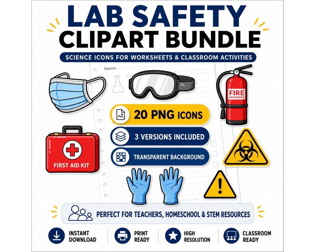 Lab Safety Clipart Bundle PNG, Science Safety Icons for Worksheets ...