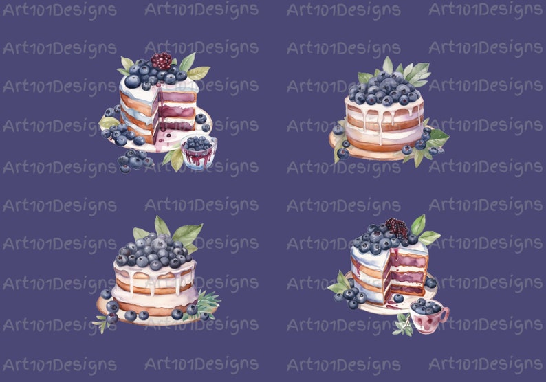 Blueberry Cake Clipart PNG – 16 Watercolor Dessert Files, 300 DPI ...