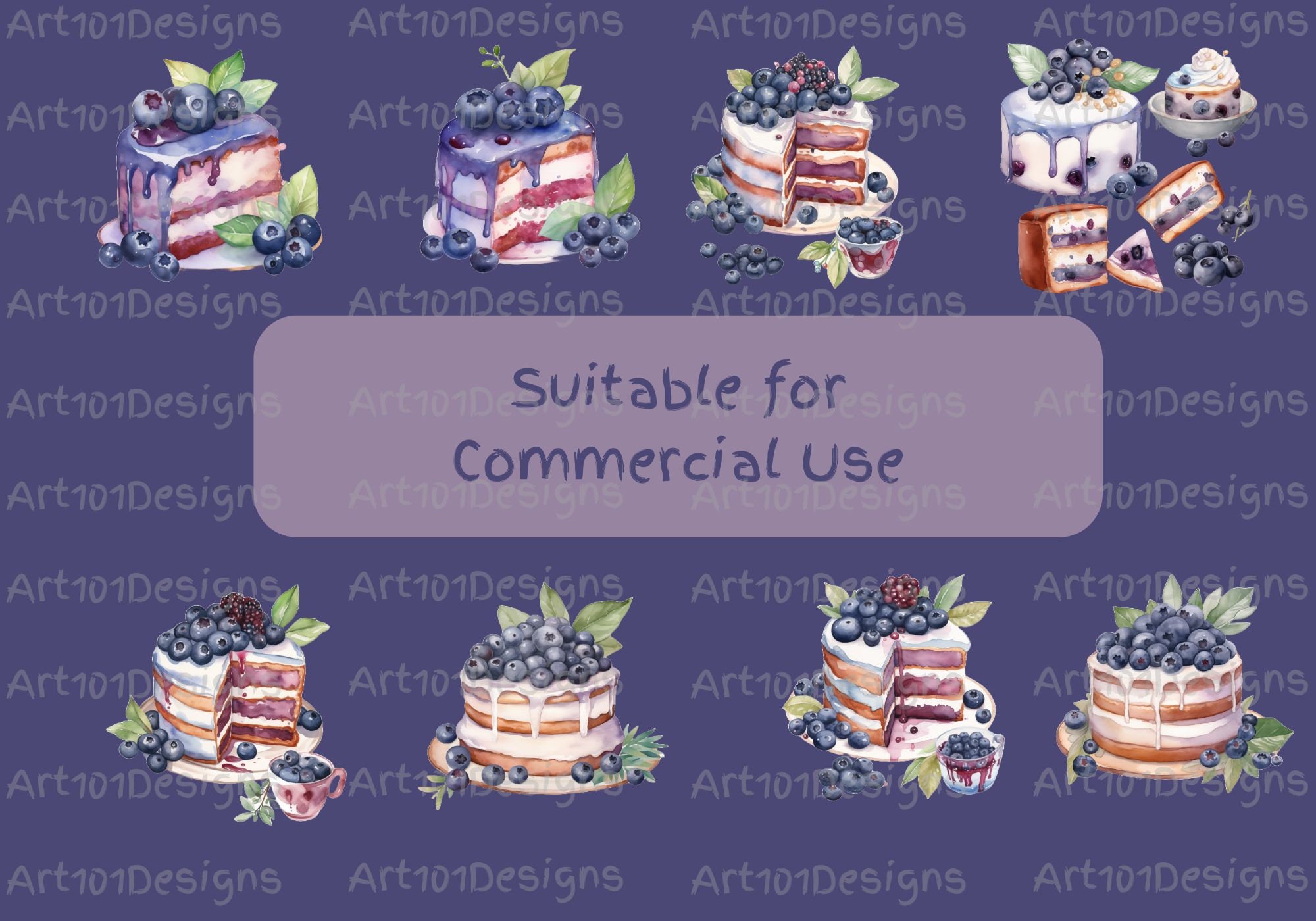 Blueberry Cake Clipart PNG – 16 Watercolor Dessert Files, 300 DPI ...