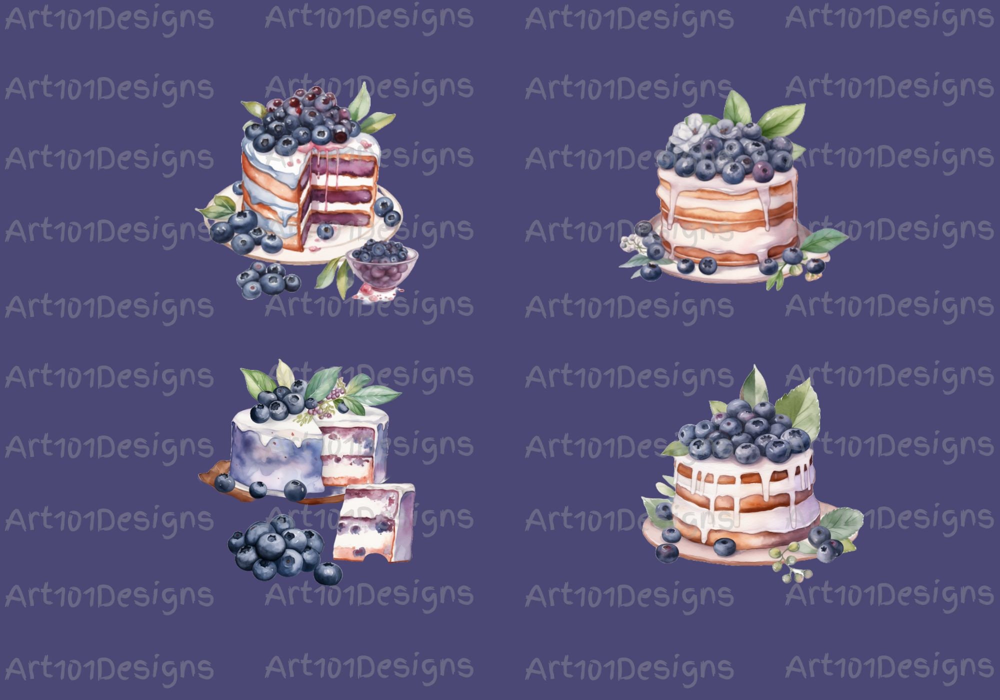Blueberry Cake Clipart PNG – 16 Watercolor Dessert Files, 300 DPI ...