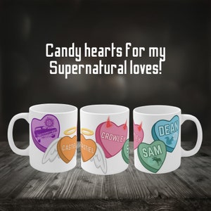 Supernatural Valentines candy hearts Sam & Dean Winchester Date night 11 oz mug Moose n Squirrel Supernatural gift for women
