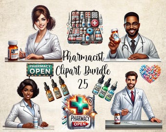 Pharmacist Clipart Bundle: Medical Supplies, Pills, Syringe (PNG Digital Download)