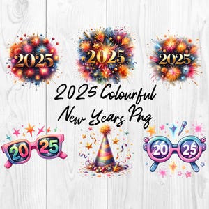Clipart Nouvel An coloré : ensemble PNG Fête 2025 (téléchargement numérique)