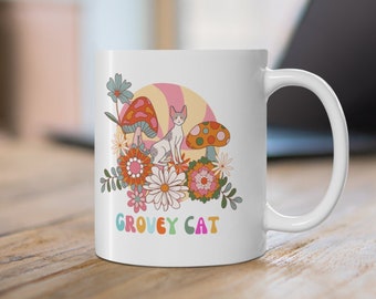 Caneca de cerâmica Grovey Cat: presente para amantes de gatos da Cottagecore