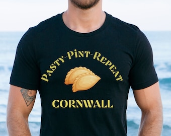 Camiseta Cornish Pasty, camiseta Pasty Pint Repeat, camiseta da Cornualha, presentes da Cornualha, presente de aniversário da Cornualha, camiseta do festival de cerveja, presente para ele