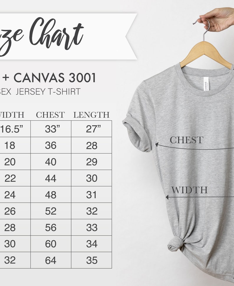 Op de afbeelding: Maattabel voor een grijs T-shirt met de merknaam "Canvas 3001" op het label. De tabel toont de maten in inches voor breedte, borst en lengte.