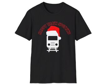 Camiseta Train Enthusiast - Camiseta gráfica de trem com chapéu de Papai Noel, camiseta para amantes de trens de Natal, vestuário de trem para o feriado, camiseta de trem unissex, presente para fãs de trens