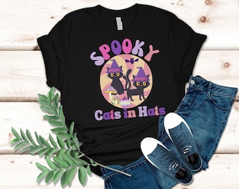 Camiseta fofa de gato de Halloween, camiseta de gatos assustadores com chapéus, presente de mãe de gato, camiseta de gato fantasma, presente de animais da Forestcore