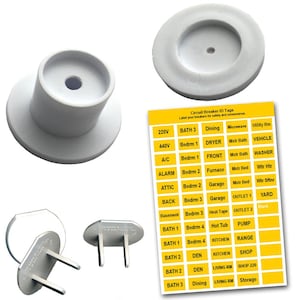 May include: A collection of white electrical safety products, including outlet covers, a circuit breaker reset tool, and a set of yellow circuit breaker ID tags. The tags are labeled with room names and electrical information for convenience.