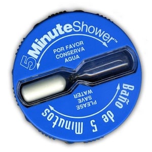 May include: Blue 5 Minute Shower timer with an hourglass design. The timer has text in English and Spanish that reads "Please save water" and "Por favor conserva agua".