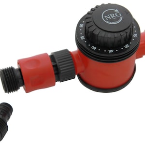 May include: Red and black water timer with a dial that goes from 15 to 90 minutes. The timer has a brass connector on one end and a quick connect fitting on the other end. The timer is labeled "NRG".