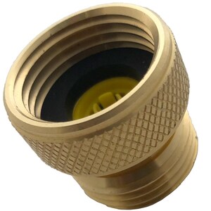 May include: A brass hose adapter with a textured grip and internal yellow plastic components. The adapter has male and female threads for connecting hoses and other fittings. The image is a close-up shot against a white background.
