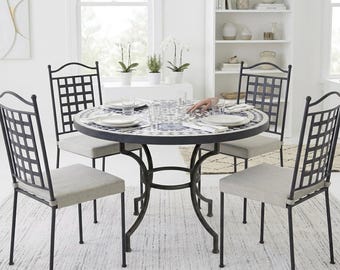 Blue White Moroccan Zellige Table – Handmade Fes Mosaic Round Bistro Garden Dining