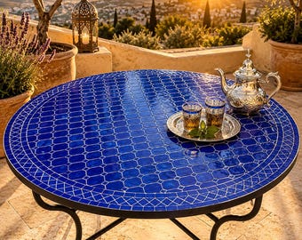 Handmade Moroccan Zellige Mosaic Table – Round Blue Patio Dining Furniture