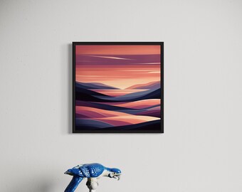Sunset Strata: een modern abstract landschap | Hedendaagse beeldende kunst | Limited Edition aquarel op canvas | 16" bij 16".