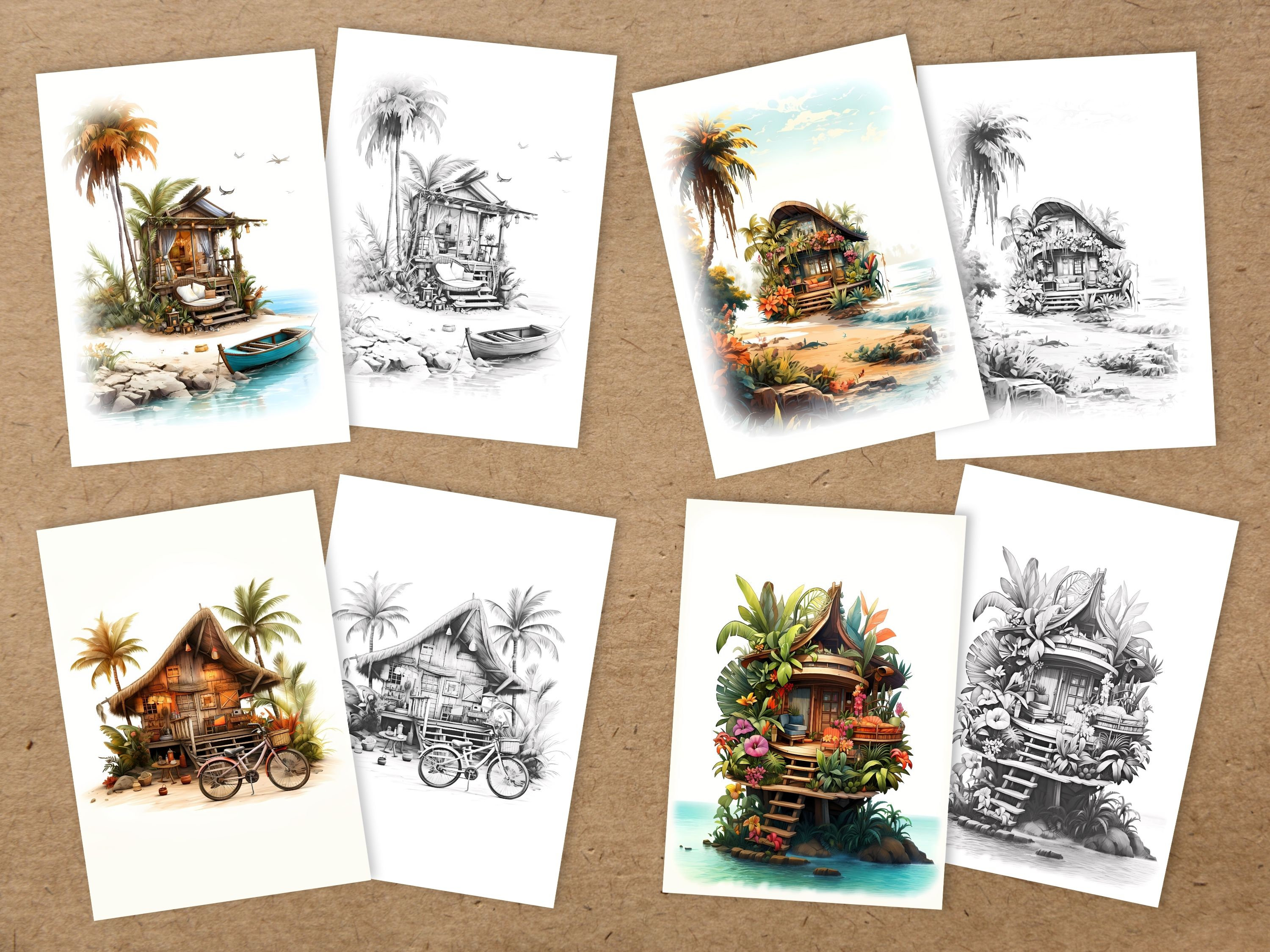 Pack 60 Coloring Pages of Pretty Cabins High Quality Color 3 Levels of