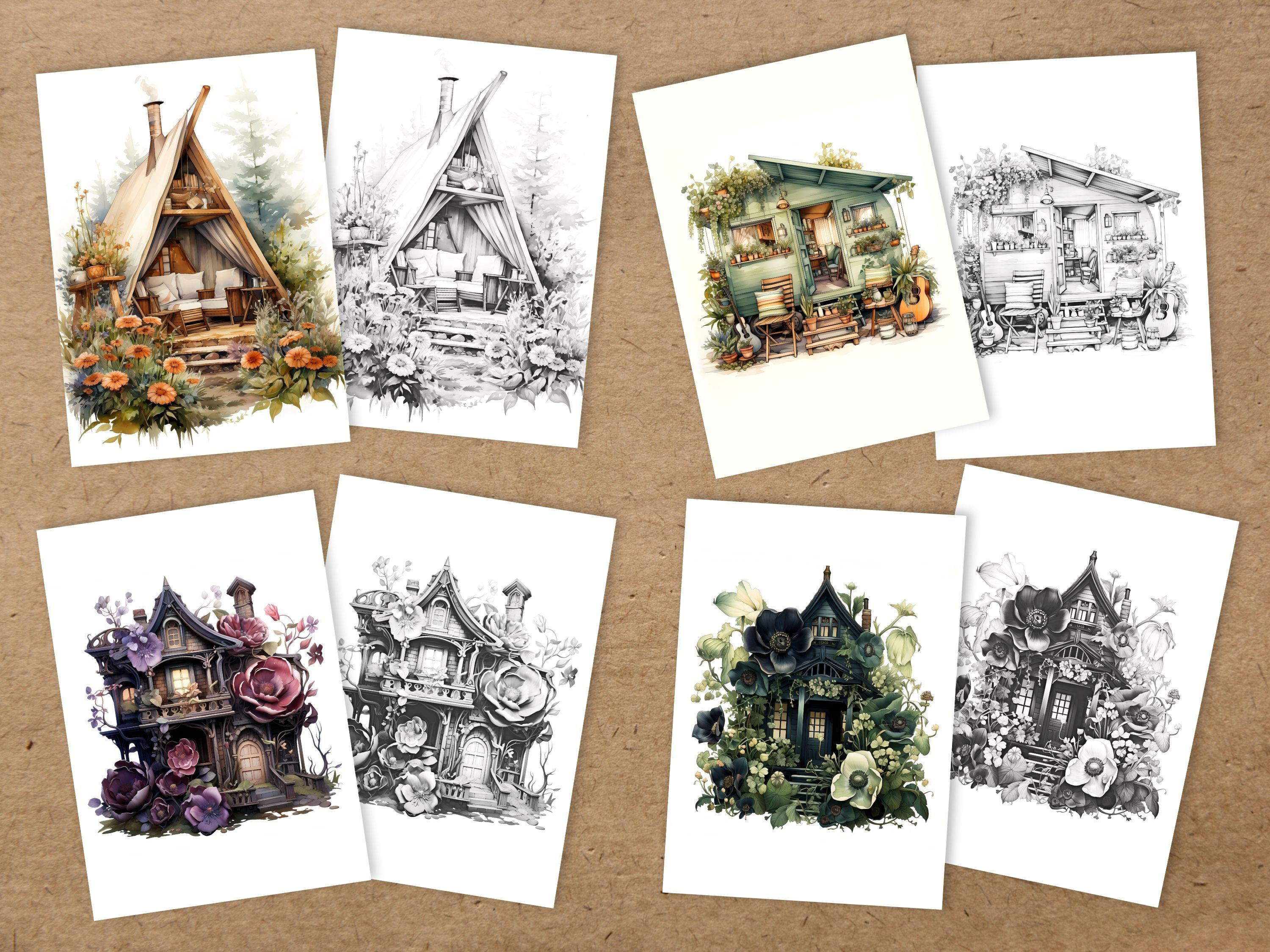 Pack 60 Coloring Pages of Pretty Cabins High Quality Color 3 Levels of