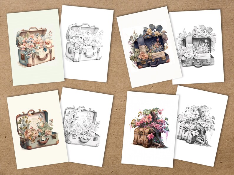 60 Coloring Pages Suitcases and Vintage Trunks in Flowers 3 Levels of