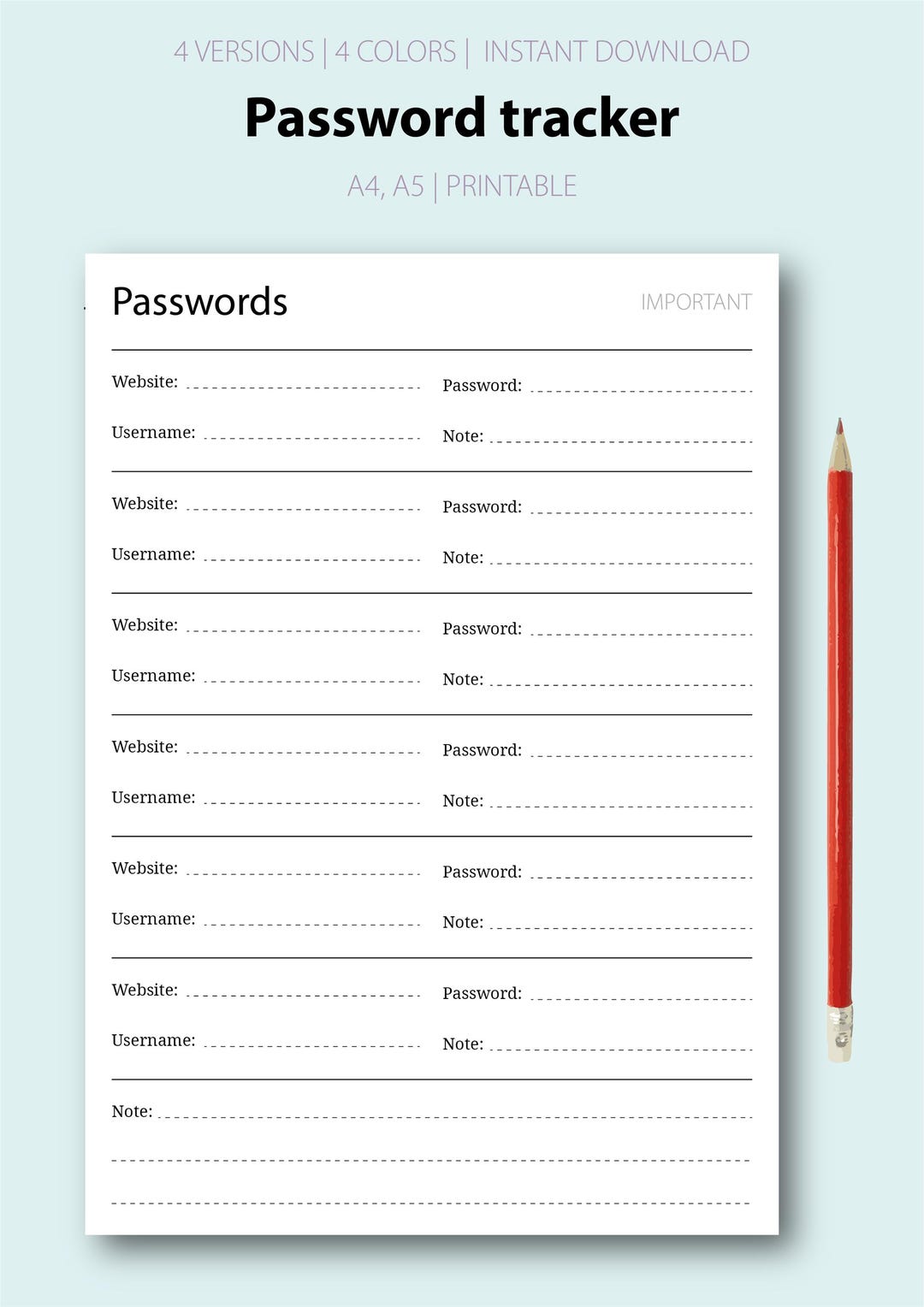Printable Password Management Sheet A4 A5 PDF - Etsy