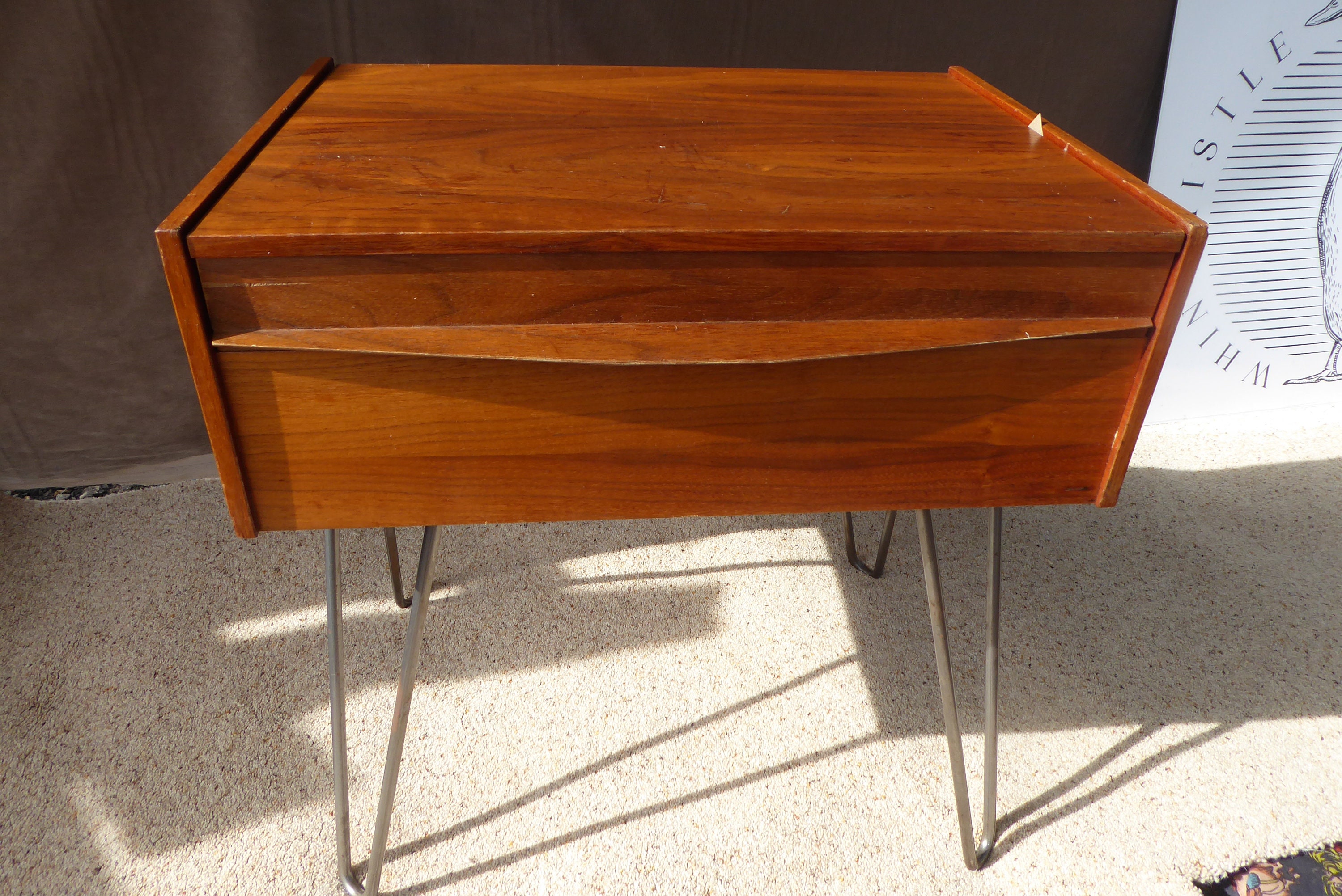 Midcentury Modern MCM Teak Sewing Box / Side Table With Inside Storage