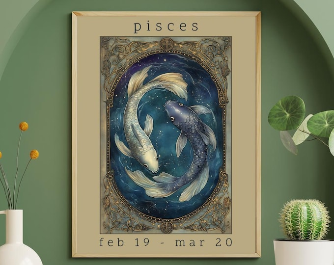 Pisces Zodiac Art Print, Dreamy Boho Wall Decor, Mystical Water Sign Poster, Pisces Birthday Gift, Digital Download