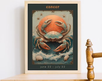 Sternzeichen Krebs | Mystisches Wandbild mit Wasserzeichen | Geburtstagsgeschenk für Juni/Juli | Boho-Poster mit Krebsmotiv | Himmlisches Geschenk für Sie
