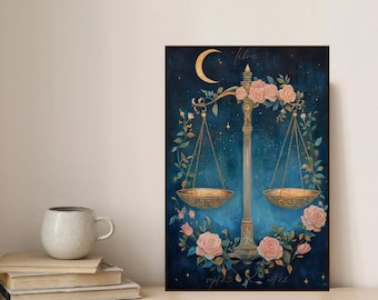 Libra Zodiac Wall Art Print, Elegant Astrology Artwork, Boho Libra Décor Poster, Floral Star Sign Art, Libra Gift for Astrology Lovers