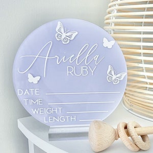 Acrylic Birth Announcement Sign Baby Stats Sign Custom Baby Arrival Sign Baby Name Disc Butterfly Name Sign Newborn Hospital Photo Prop