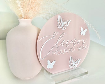 Acrylic Butterfly Sign Baby Girl Announcement Sign Baby Name Sign Light Pink Butterfly Sign Nursery Name Sign Birth Baby Hospital Photo Prop