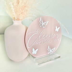 Acrylic Butterfly Sign Baby Girl Announcement Sign Baby Name Sign Light Pink Butterfly Sign Nursery Name Sign Birth Baby Hospital Photo Prop