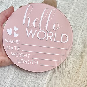 Hello World Birth Announcement Acrylic Baby Stats Sign Light Pink Baby ...