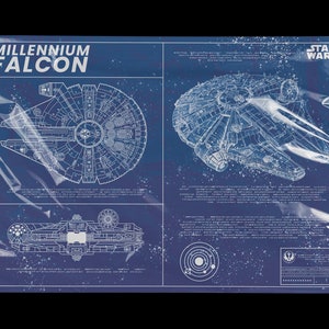 Può includere: Un progetto del Millennium Falcon, la nave spaziale di Star Wars. Il progetto è su uno sfondo blu con linee e testo bianchi. Il testo recita "MILLENNIUM FALCON" e "STAR WARS".