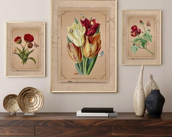Retro Floral Set of 3 Prints: Tulip and Hollyhock Vintage Style Flower, Moth, Snail, Bee, Butterfly Printable Wall Art (Digital Download)