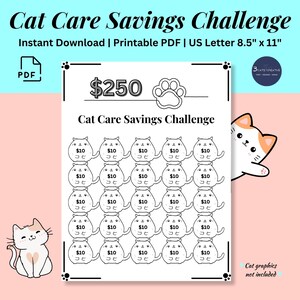 猫のケアのための節約チャレンジ（印刷可能）｜ペット費用トラッカー｜猫好きのための猫と子猫の飼い主向け予算（印刷可能）