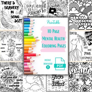 Mental Health Coloring Book, 10 Printable Coloring Pages for Anxiety and Self Care