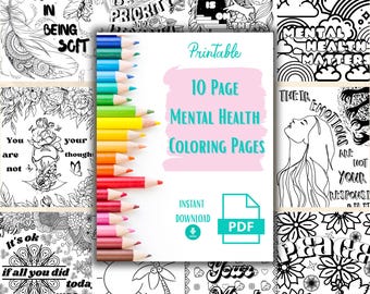 Mental Health Coloring Book, 10 Printable Coloring Pages for Anxiety and Self Care