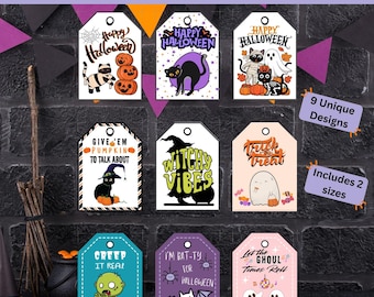 Halloween Treat Tags | Halloween Gift Tags | Printable PDF Favor Tags | Cute Spooky Black Cat, Ghost, Pumpkin, Zombie, Bat | 2 Sizes