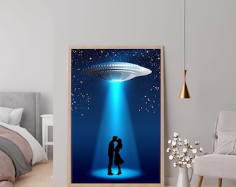 Romantic UFO Alien Print: Starry Night Alien Abduction, Sci-Fi Home Decor (Digital Download)