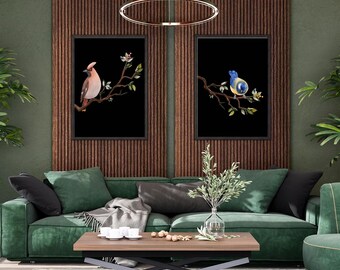 Printable Retro Songbirds Art Print Set, Set of 2, Dark Floral Wild Bird poster, Mid Century Modern MCM 1950s Style Minimalist Wall Art