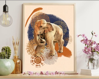 Elephant Wall Art Print | Modern Boho Elephant Artwork | Abstract Animal Decor with Earth Tones and Geometric Patterns | Digital Download