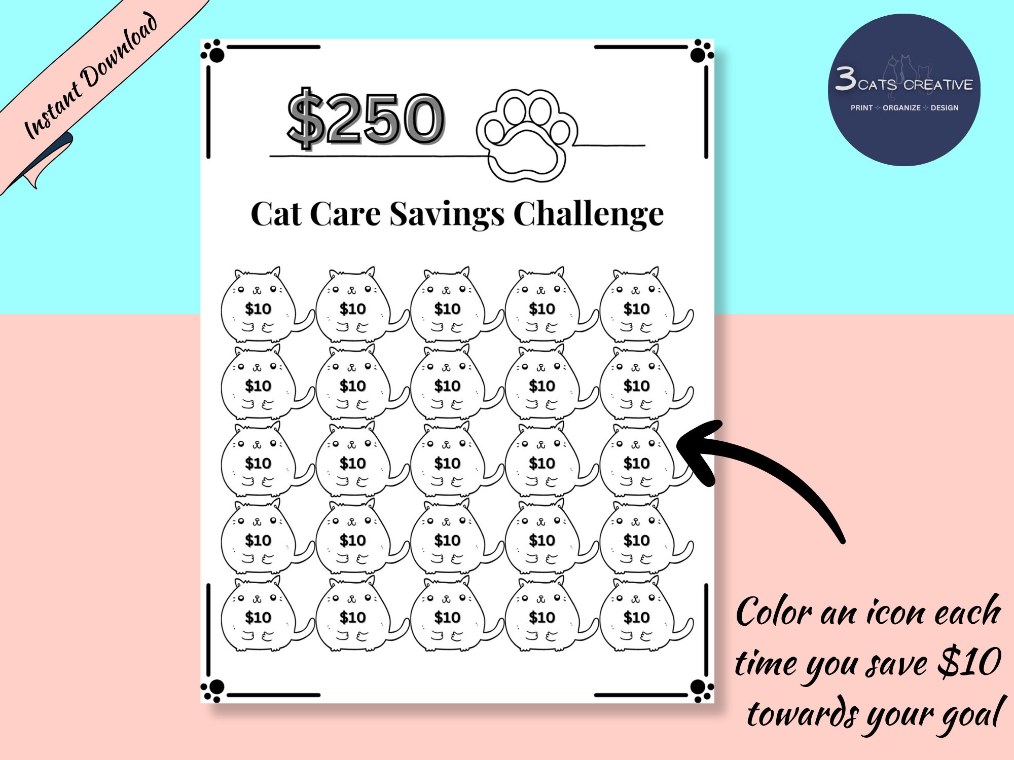 Cat Care Printable Savings Challenge | Pet Expense Tracker | Cat Lover ...