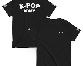 May include: Black t-shirts with white text. One shirt reads "K-POP ARMY" on the back. The other shirt has "B.T.S" on the front. Both shirts have a small flag on the sleeve.