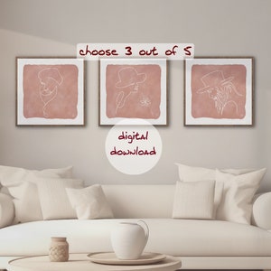 Wall pictures set of 3, selection of 5 motifs, line art with watercolor, poster, wall decor, digital download, square pictures