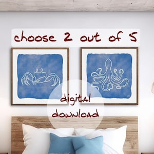 Wall pictures set of 2, selection of 5 motifs, line art with watercolor, poster, wall decor, digital download, square pictures