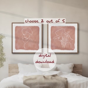 Wall pictures set of 2, selection of 5 motifs, line art with watercolor, poster, wall decor, digital download, square pictures