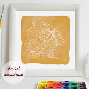 Leopard Big 5 of Africa Boho Wall Mural Line Art Poster with Watercolor Monochromatic Digital Item for Instant Download.