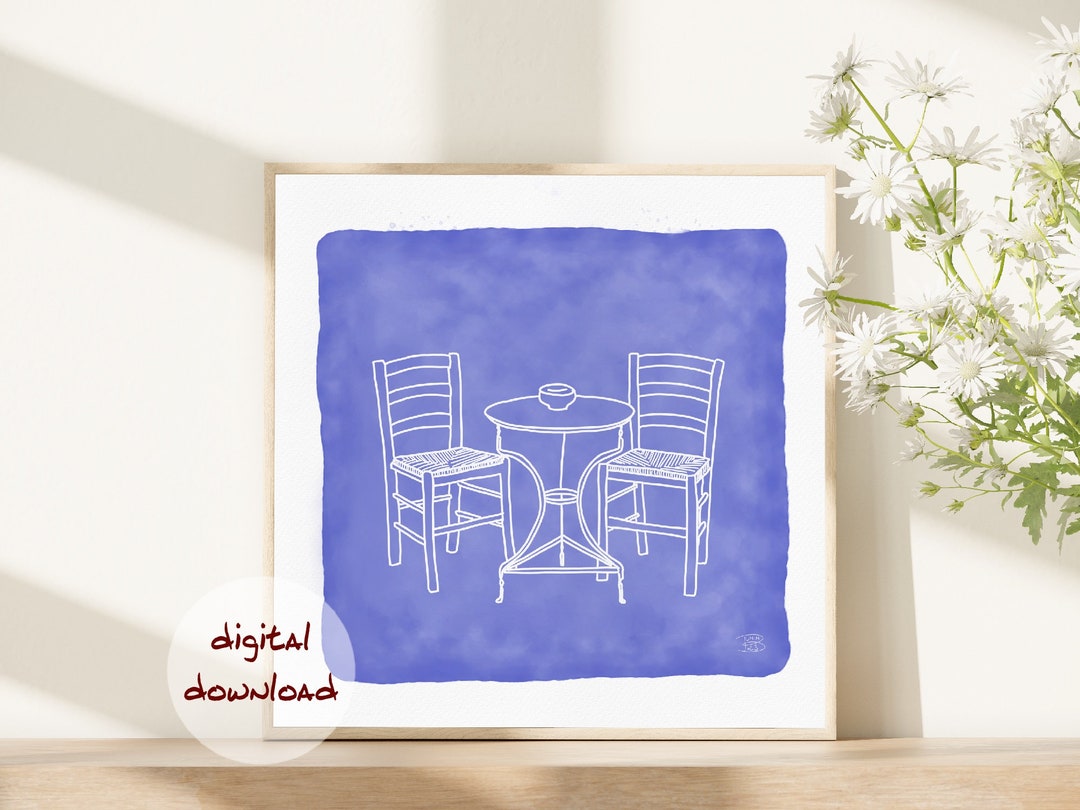 Taverna, Greece, Boho Wall Mural Line Art Poster With Watercolor