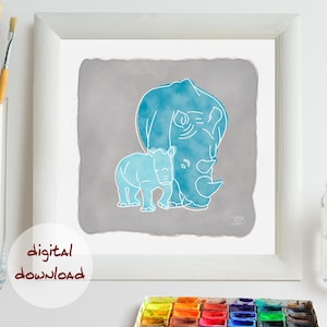 Rhino Big 5 Boho Wall Art Watercolor Line Art Poster in Colorful Responsive Colors Digital Item for Instant Download.